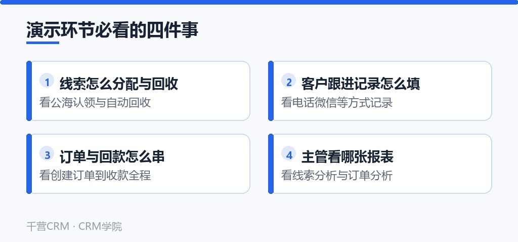 演示环节必看的四件事:线索分配回收、跟进记录填写、订单回款串联、主管报表