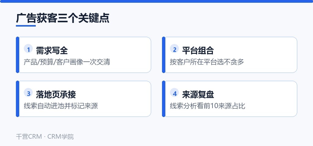 广告获客三个关键点:需求写全、平台组合、落地页承接与来源复盘